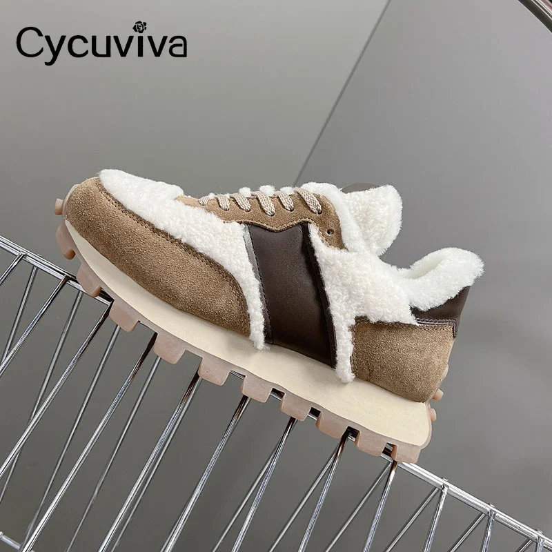 

Cycuviva Winter Wool Flat Platform Women Sneakers Suede Leather Tennis Shoes Warm Thick Sole Casual Fur Daddy Shoes For Women