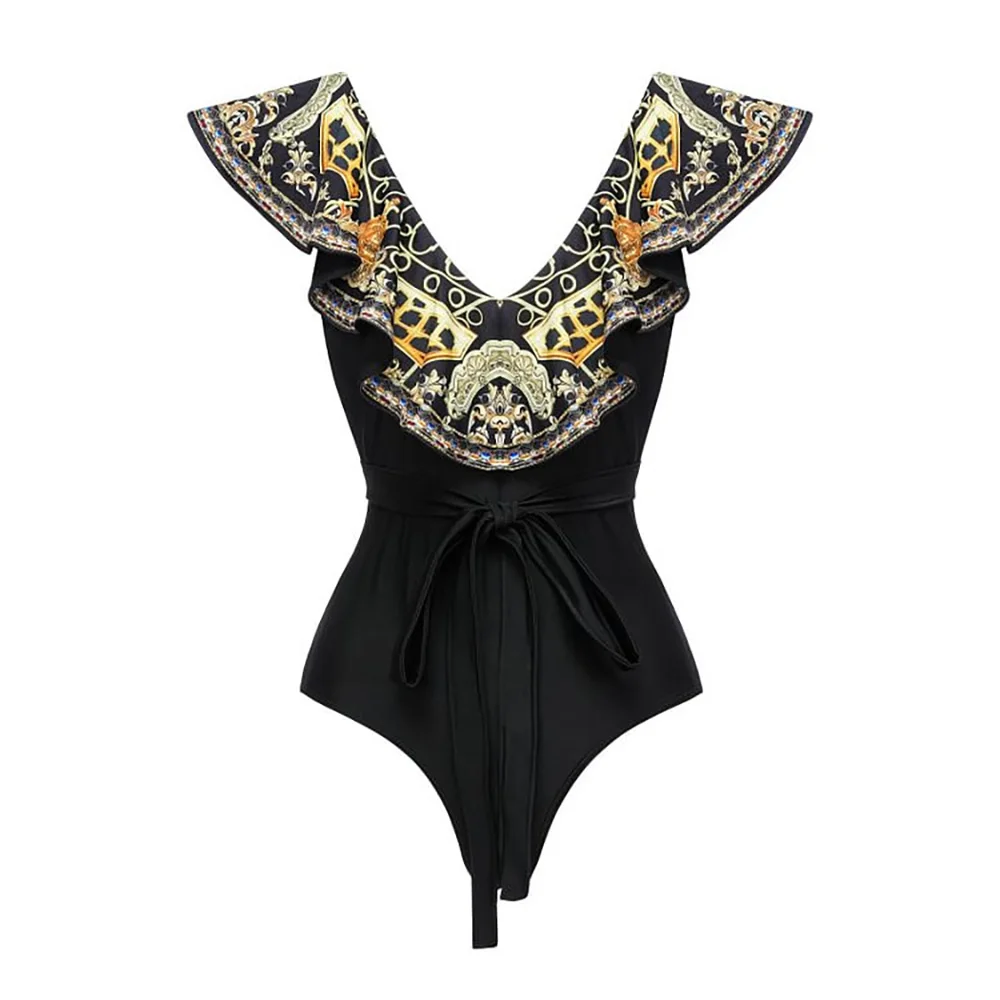 New Sling Black and Gold Printed One-piece Swimsuit Suit Surf Wear Swimwear Women Cover Up Bathing Suit Summer Beach Wear