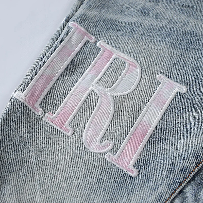 Latest Street Fashion Men's Jeans Vintage Elastic Slim Fit Split Wash Blue Jeans Men's Designer Hip Hop Brand Patch Pants Hombre