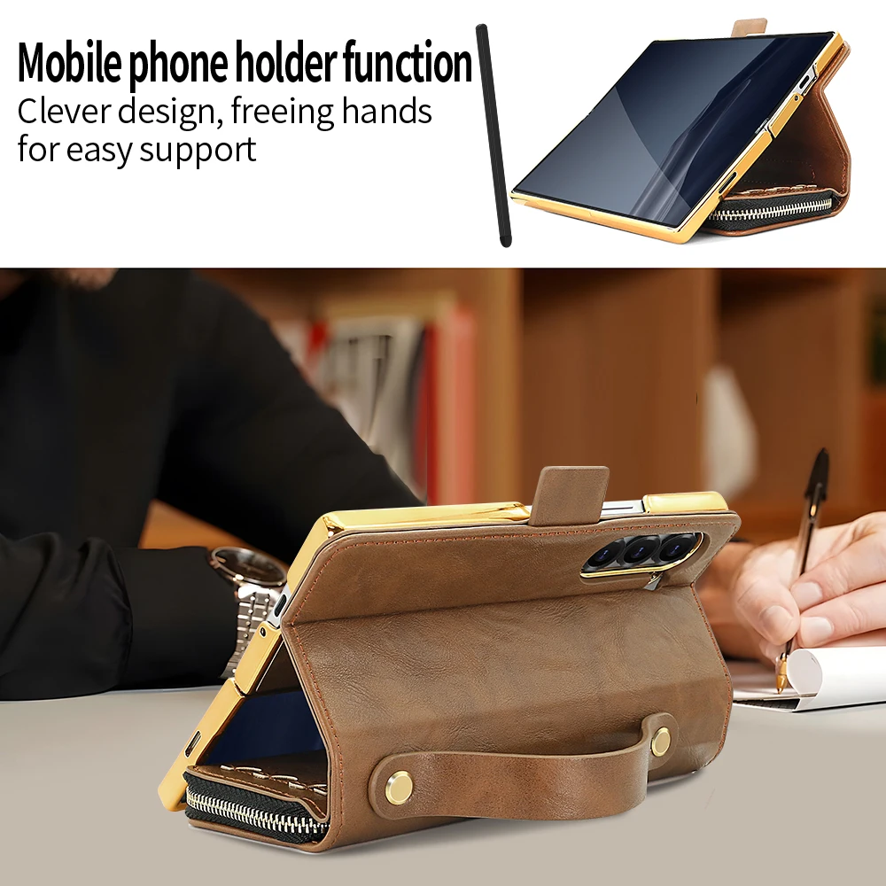 Faux Leather Flip RFID Wallet Phone Case with Hand Grip, Credit Card Slots, Magnetic Clasp, and Stylus