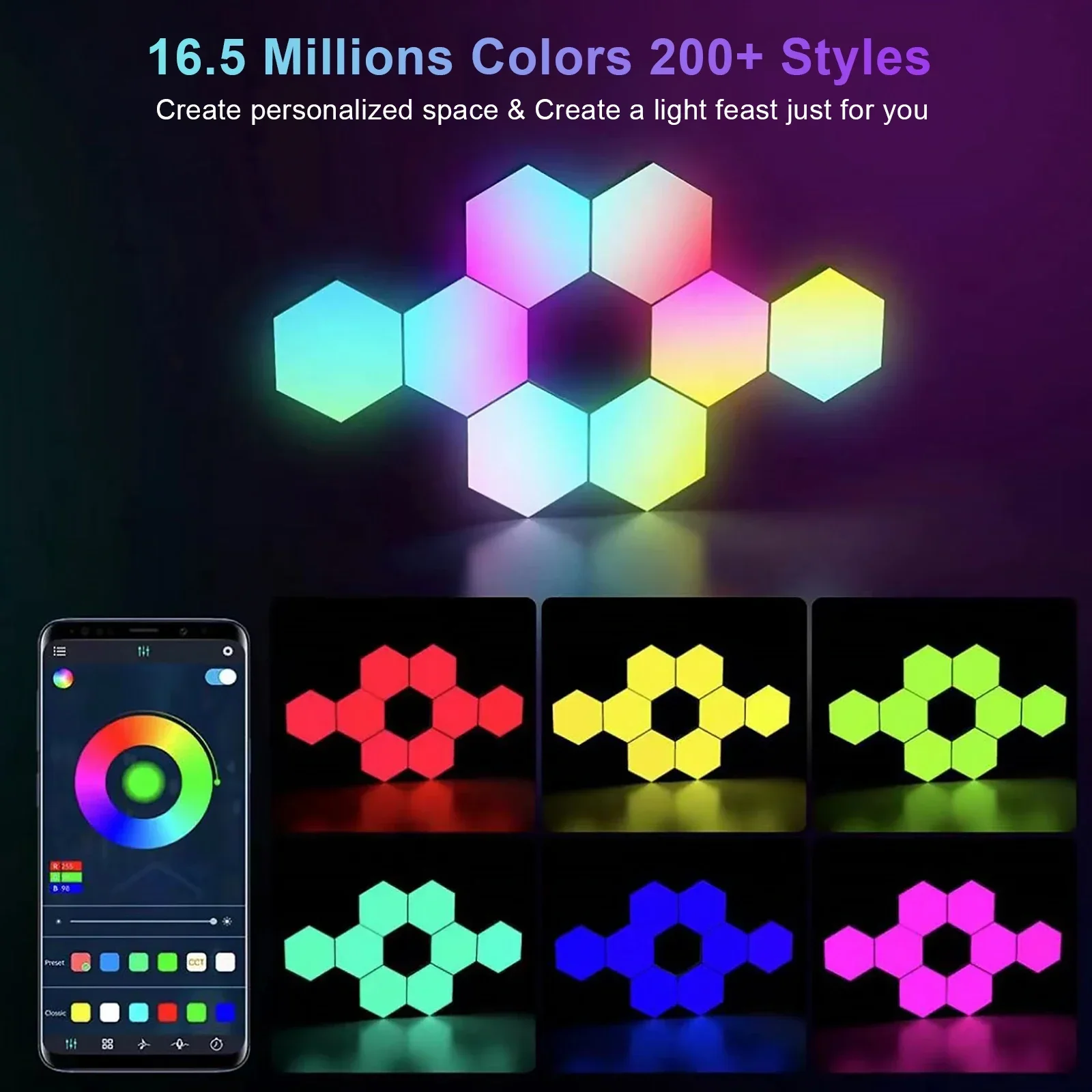 RGB Smart Hexagonal Wall Lamp Color changing Ambient Night Light DIY Shape Music Rhythm APP For Game Room Bedroom Intelligent