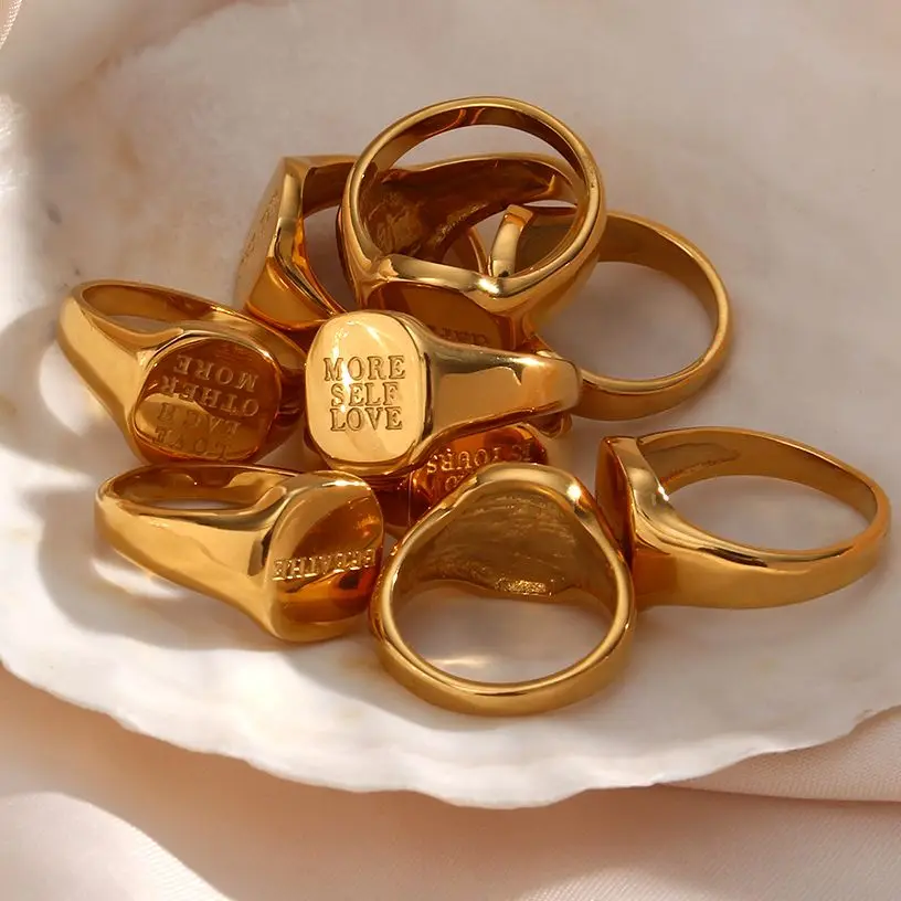 Engrave Jewelry Gift Minimalist Letter Word Suqare Stainless Steel Ring Water Resistant Gold Ring Plated For Women gold plated rings gold rings golden ring