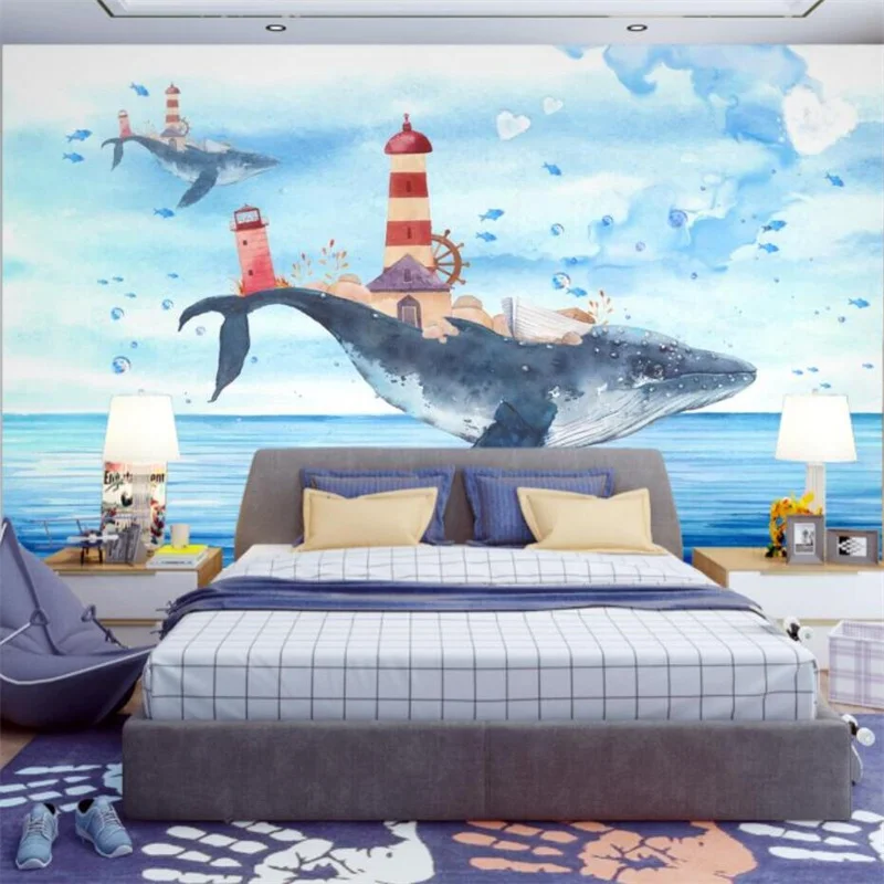 

Custom wallpaper 3d mural fantasy whale lighthouse blue ocean hand-painted flying fish children background wall Mediterranean
