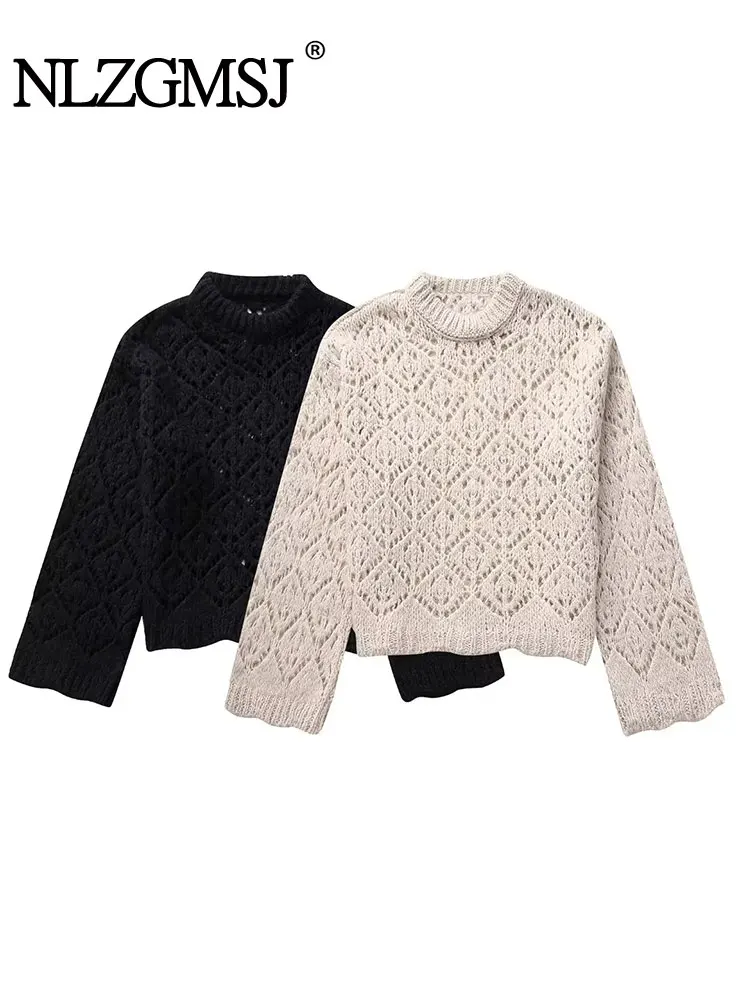 

TRAF 2024 Sweater Women Puff Sleeve Knitted Hollow Out Pullovers Autumn Winter Sweet Tops Vintage Chic O Neck Jumper