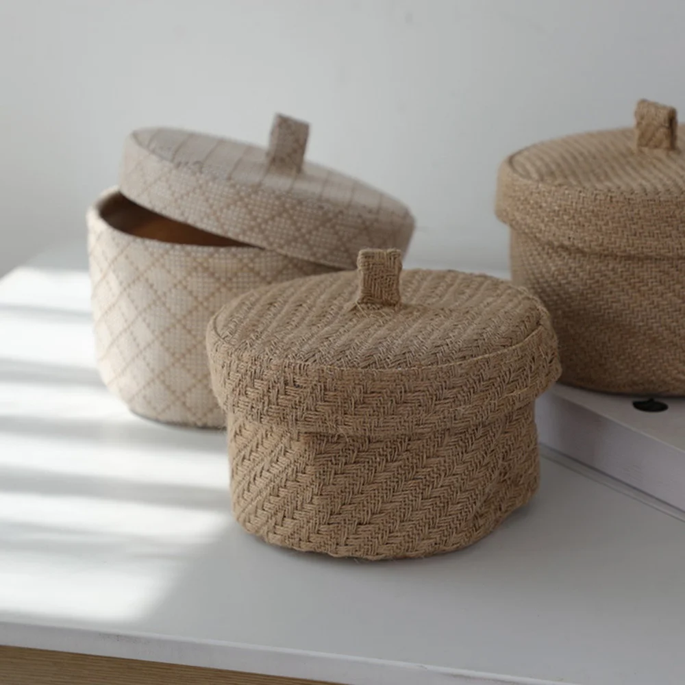 Wicker Seagrass Flower Pot Boxes Sundries Storage Baskets With Lids Weaving Snack Storage Box Jute Wardrobe Table Round Gift Box 2
