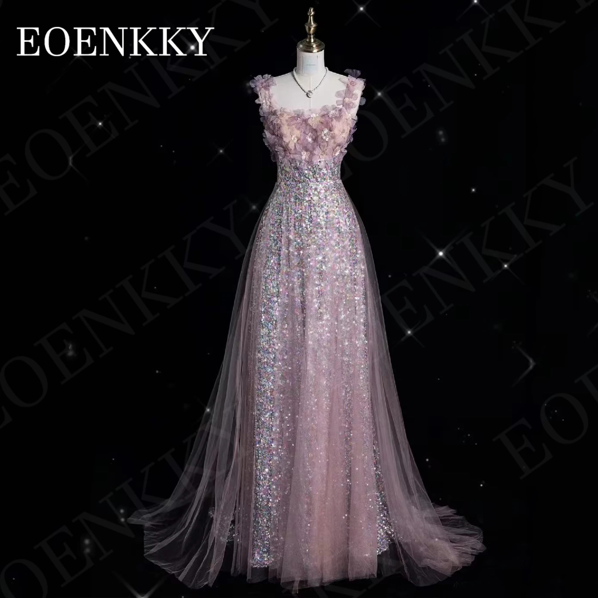 Sequin Sparkly Prom Dress Princess Dubai Luxury Glitter 3D Floral A Line Graduation Dress Square Neck