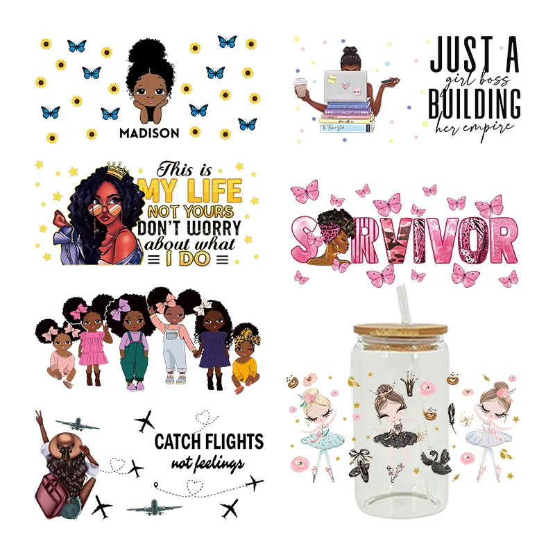 UV DTF Transfer Sticker Black Girl For The 16oz Libbey Glasses Wraps Bottles Cup Can DIY Waterproof Decals D3607