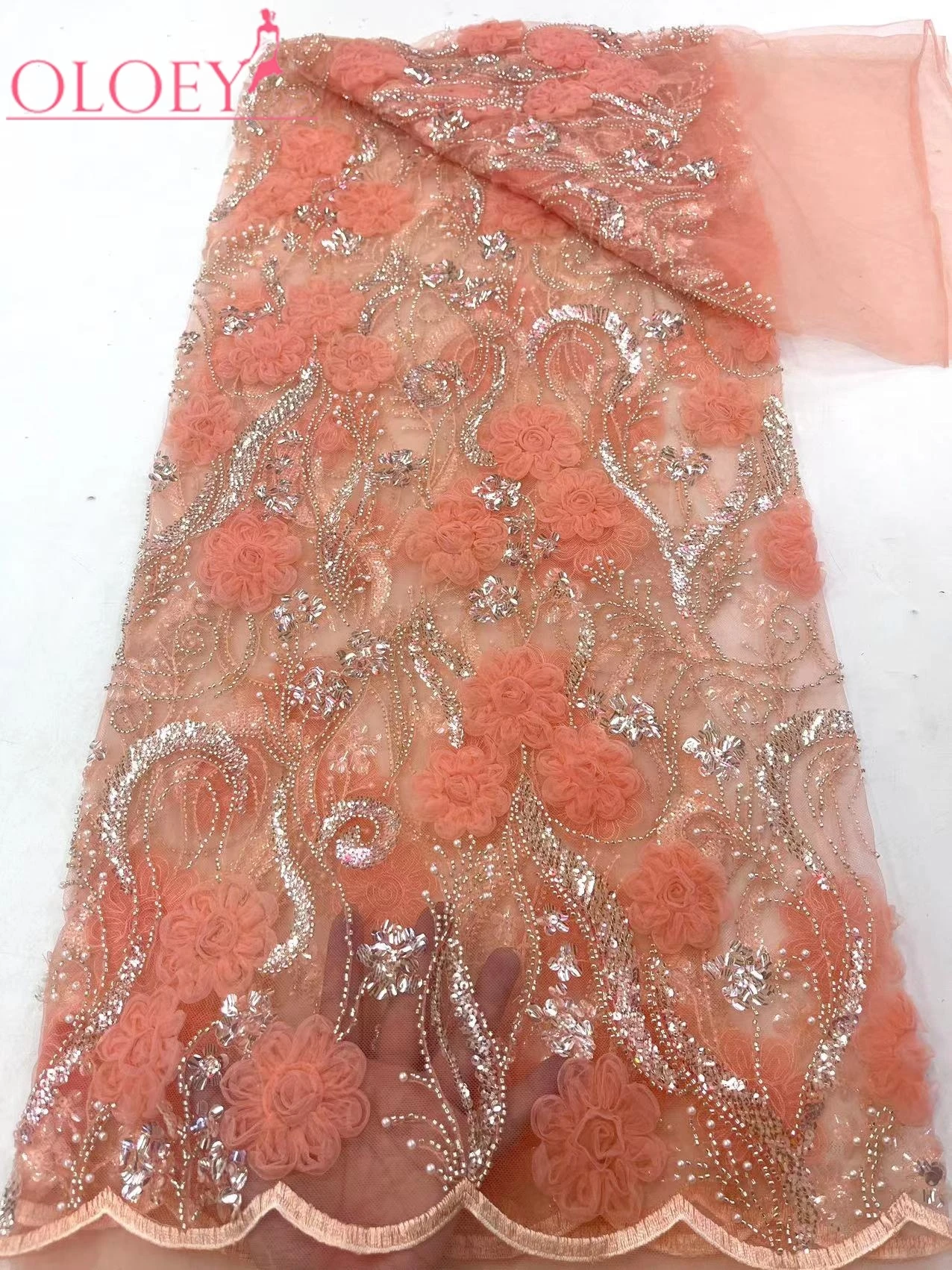 

High Quality Fashion African Tulle Embroidery 3D Flower Beads Lace Fabric With Sequin For Wedding Dress Party Sewing