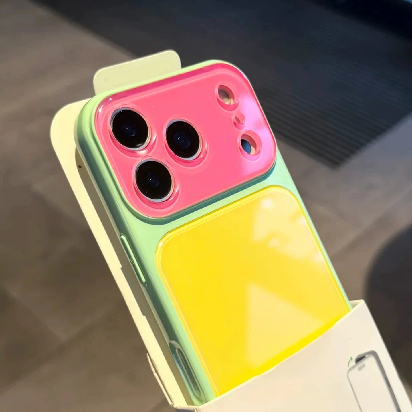 Dopamine Color Block Yellow-Green Lens Glass Back Shockproof Phone Case