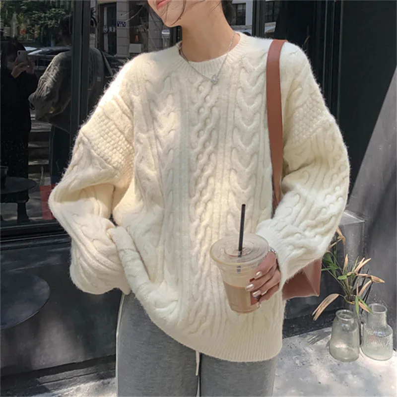

Twist Knitted Sweater Embroidery Women Long Sleeve New Knitwear Pullover Female Clothing Solid Gray Tops