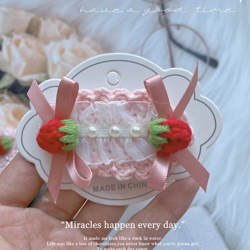 1 Pcs Handmade Wool Knitting Strawberry Vintage  Hairpin Children Crochet Hair Accessories Girl Trim Clip Sakura Pink 5