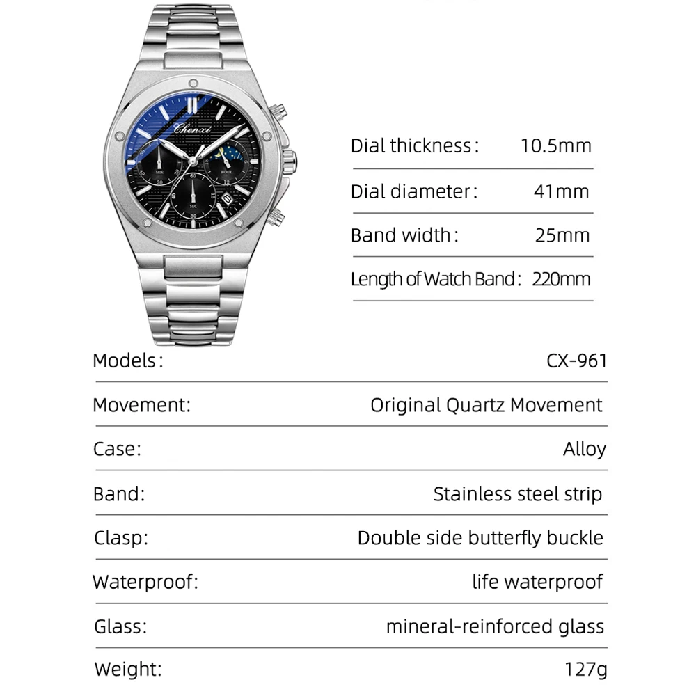 Chenxi Business Men's Watches Stainless Steel Strap Quartz Watch Waterproof Calendar Luminous High Quality Wristwatch For Men, Alina Gadgets