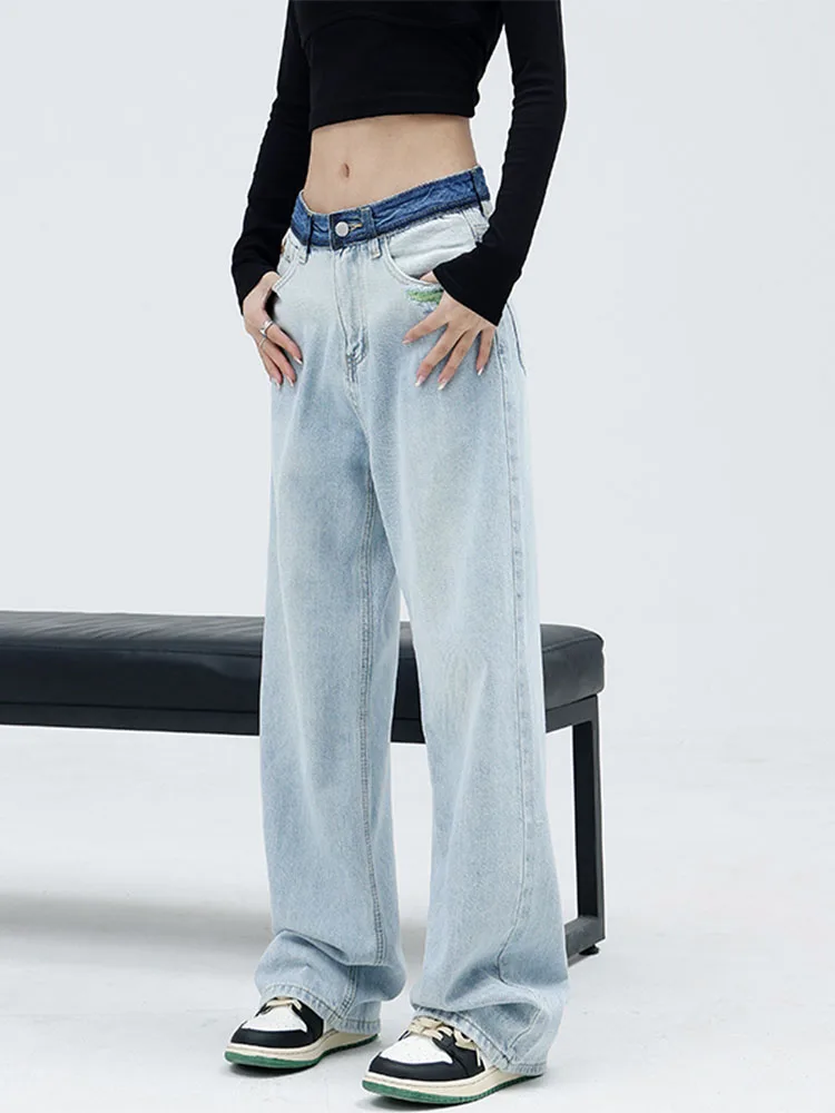 

Jeans Women Blue Vintage Denim High Waist Stretch Fashion Pocket Trousers Wide Leg Washed Jean Plus Length Streetwear New