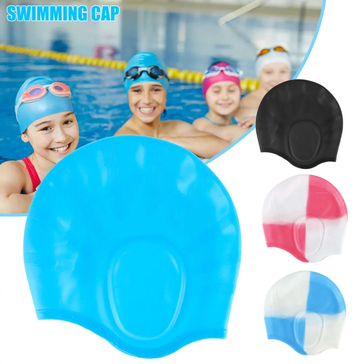 Pink & Sky Blue 2 Packs Waterproof Silicone Swim Caps Swimming Pool Hats 