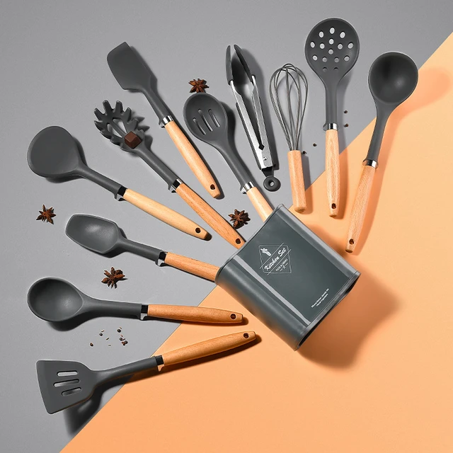 12Pcs/Set Wooden Handle Silicone Kitchen Utensils With Storage Bucket High  Temperature Resistant And Non Stick Pot Spatula Spoon - AliExpress