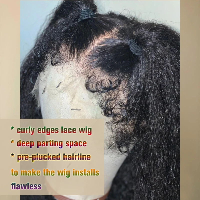 Kinky reta do laço frente perucas de cabelo humano encaracolado bebê kinky bordas natural peruca de linha fina cheia do laço perucas de cabelo humano peruca frontal do laço