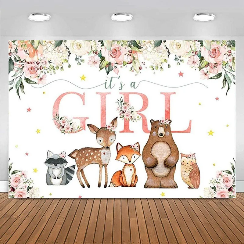 It'S A Girl Baby Shower Fondale Woodland Wild Animals Oh Baby Party Decorations Safari Deer Blush Photography Background Banner