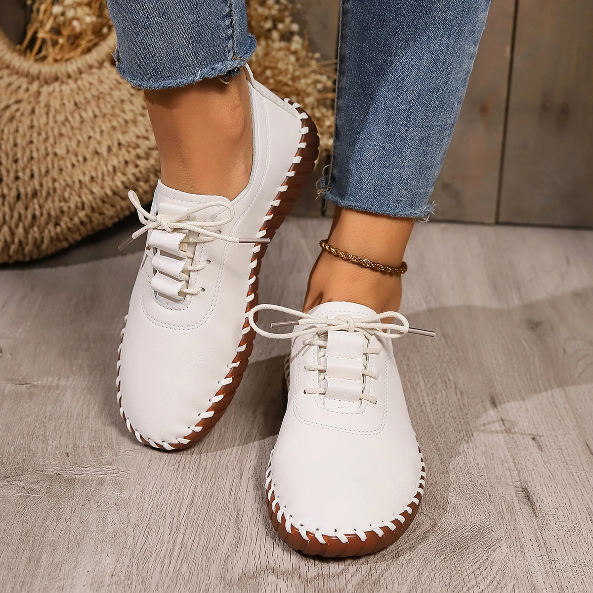 

New Sneakers Women Shoes Platform Loafers Lace Up Leather Flats Trend Spring Casual Mom Shoe Mujer Zapatos Chaussure Femme