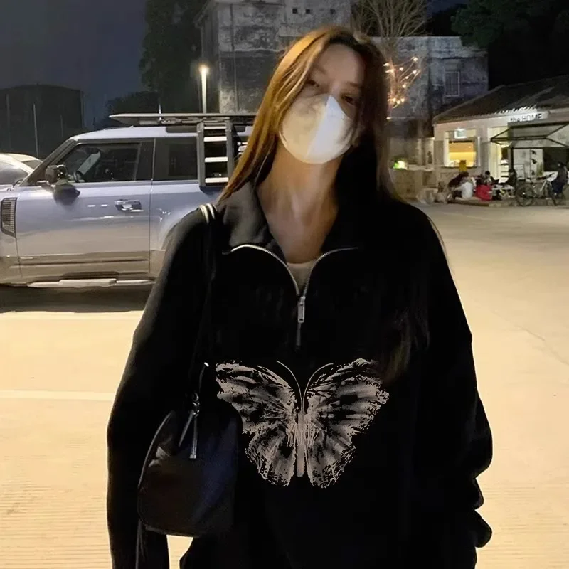 Y2K Gothic Butterfly Print Oversize Zip Up Hoodies Winter New Grunge Half zipper Sweatshirt Casual Hooded Jacket Streetwear 후드티 2