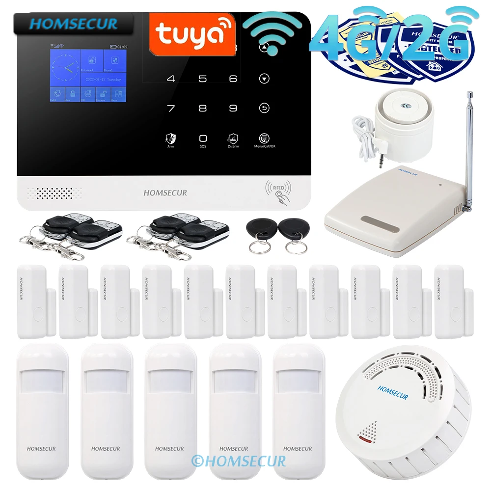 

HOMSECUR Wireless Tuya WIFI 4G GSM RFID LCD Home House Alarm System with Smoke Sensor Signal Repeater PIR Door Sensor