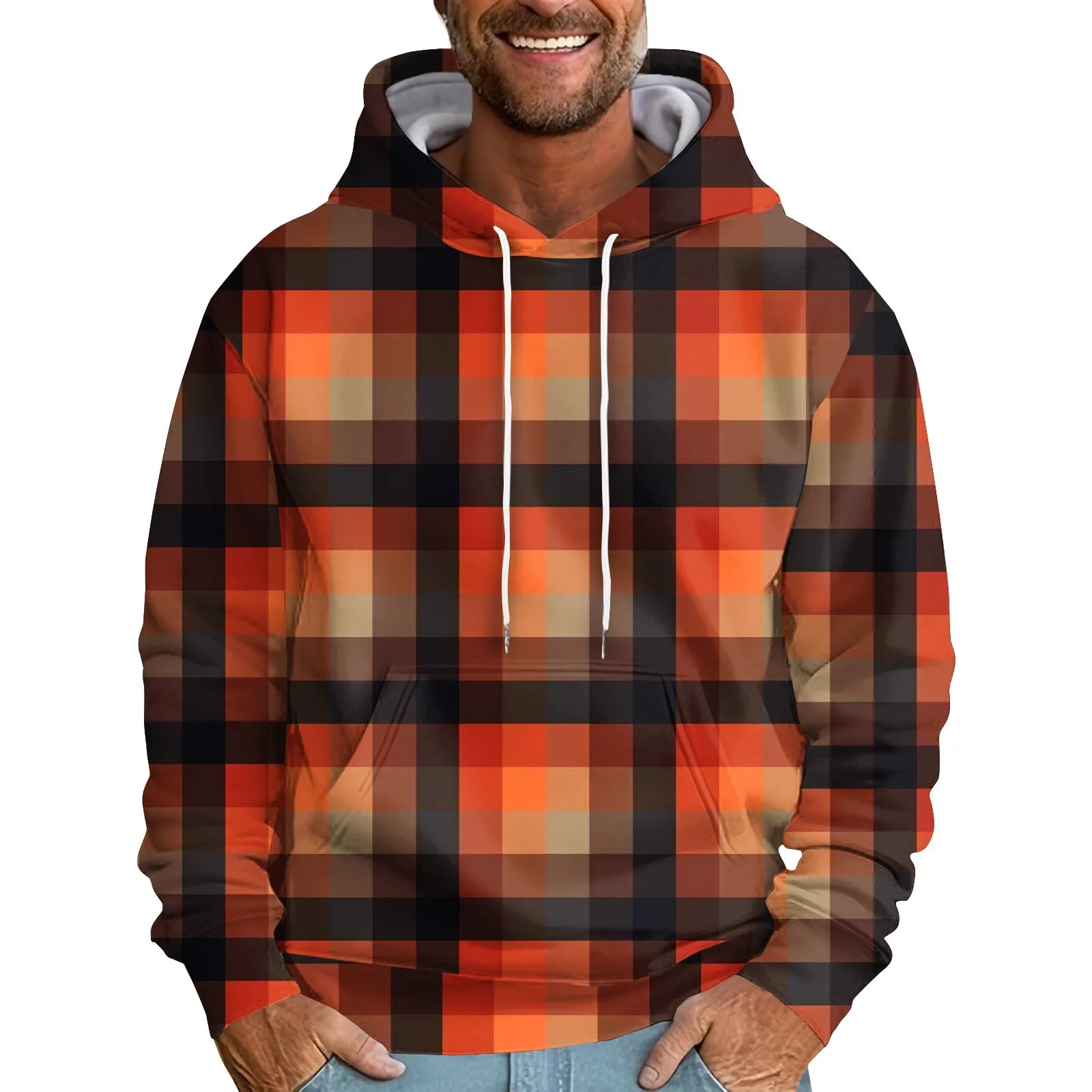 

Men's Hooded Pullovers Plaid Patchwork Vintage Print Sport Hoodie Men Harajuku Sweatshirt Casual Loose Hoodies Men Clothing