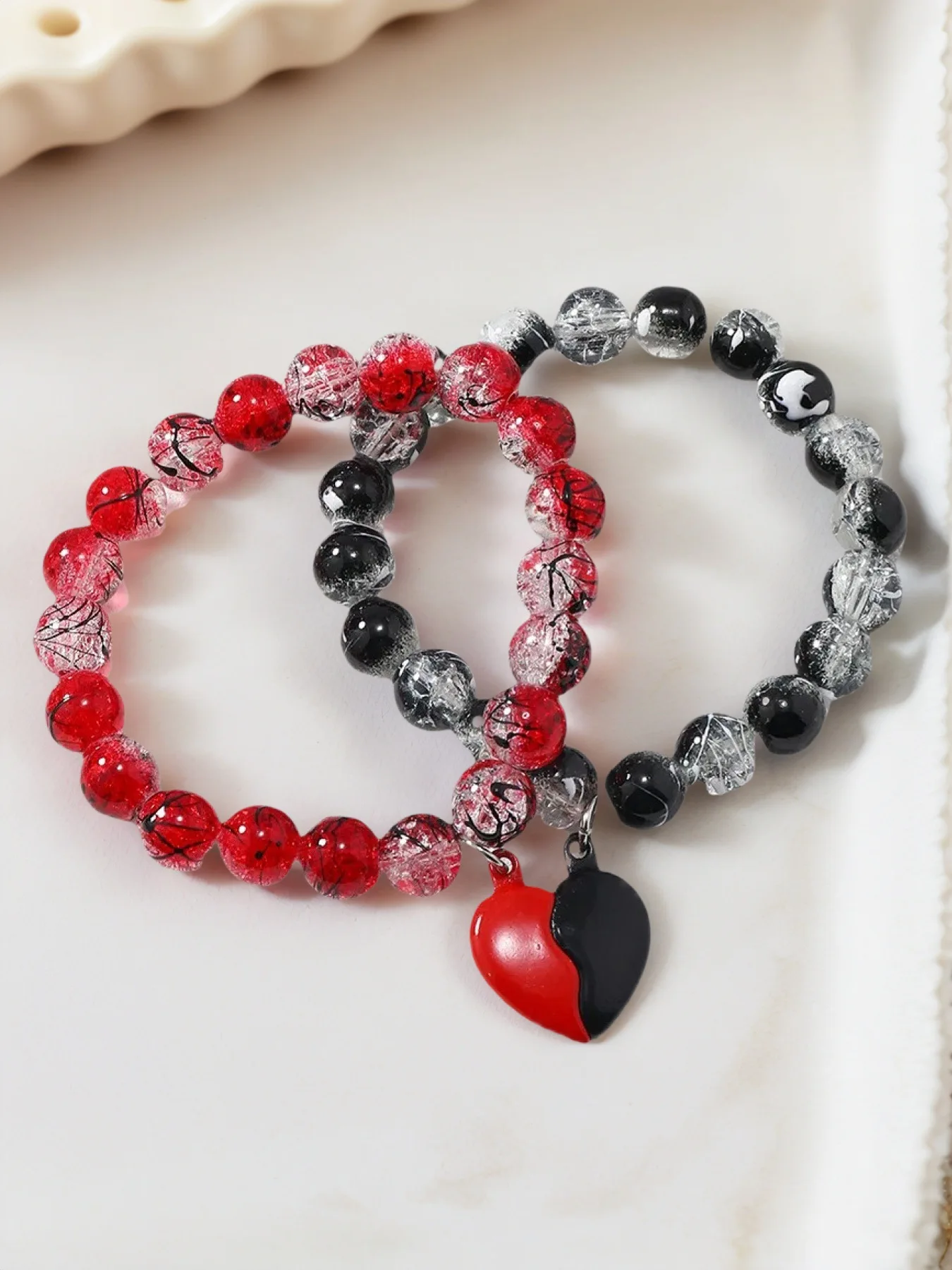 Couple Bracelet - 10mm Handmade Magnetic Heart  Broken Glass Beads