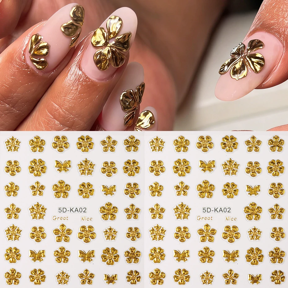 골드 플라워 네일 아트 스티커 데칼 글로시 크롬 블루밍 플로럴 나비 스티커 네일 슬라이더 디자인 네일 아트 데코레이션