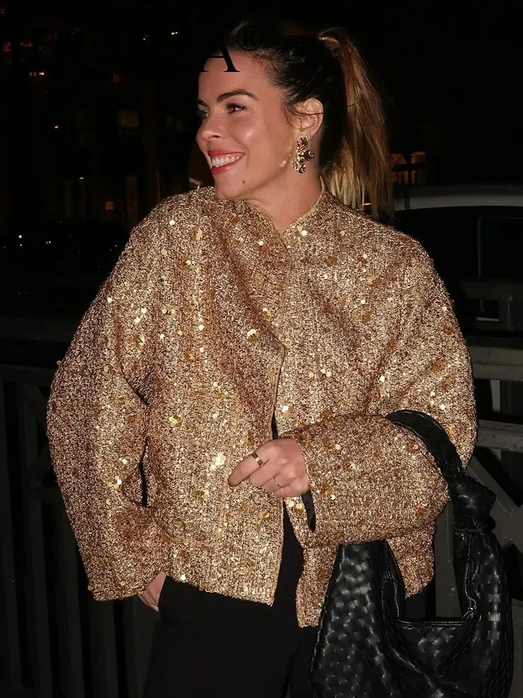 HH Women Fashion Gold Sequin Coat Casual Loose Stand Collar Long Sleeve Jacket Y2k Vintage Autumn Female High Street Outwear