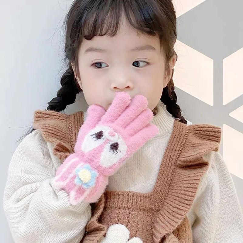 5-12 Years Winter Children Girl Gloves Knitted Warm Soft Cartoon Rabbit Full Finger Gloves Kids Outdoor Lovely Girl Mittens 4