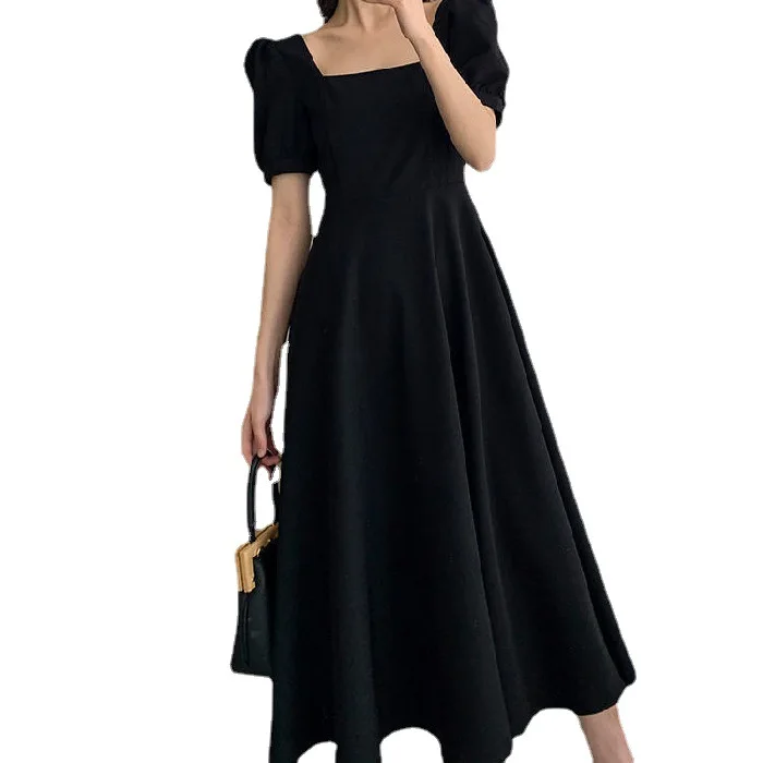 

Black Elegant Chic Dress 2023 Summer Basic Lady's Dress One Line Neck Over Knee Length Small Black Dress Puff Sleeve