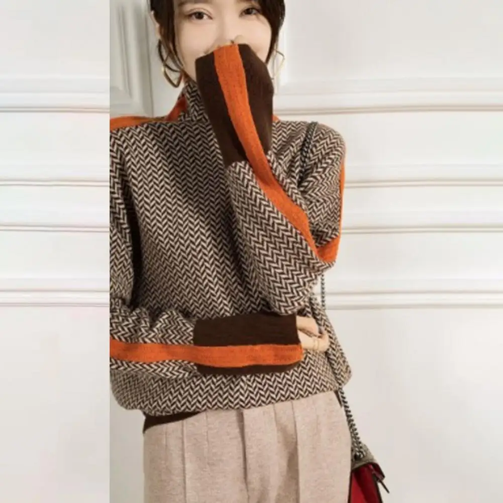 

Lazy Style Sweater Contrast Color Knit Sweater Stylish High Collar Long Sleeve Design for Women Warm Cozy Pullover Tops Splicing