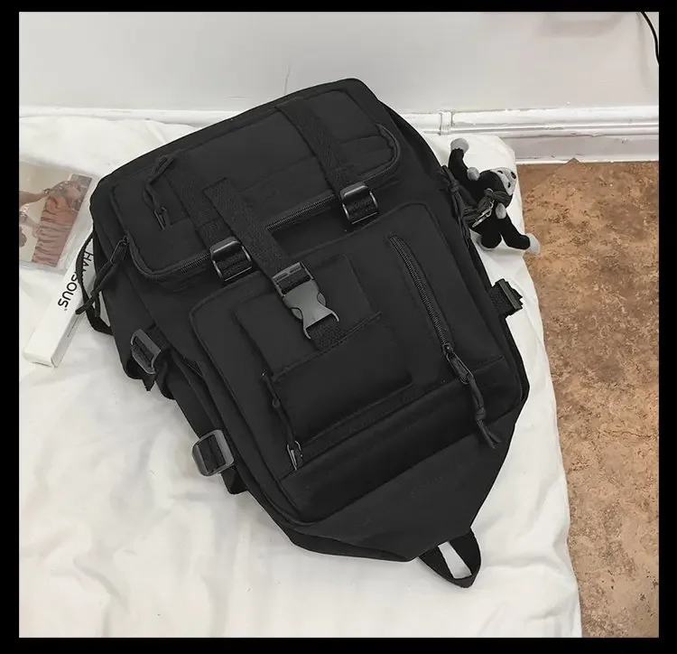 Preppy Style Black Backpack Unisex Women Men Backpack Nylon Waterproof Multi-Pocket Design Mochilas Teenagers Shoulder Bag