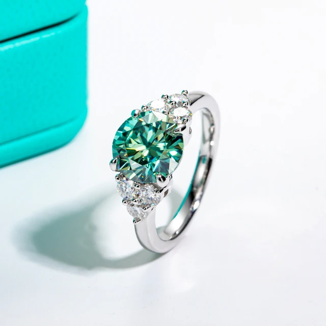 AnuJewel 3ct Round Cut Blue Green Color Moissanite Engagement Ring
