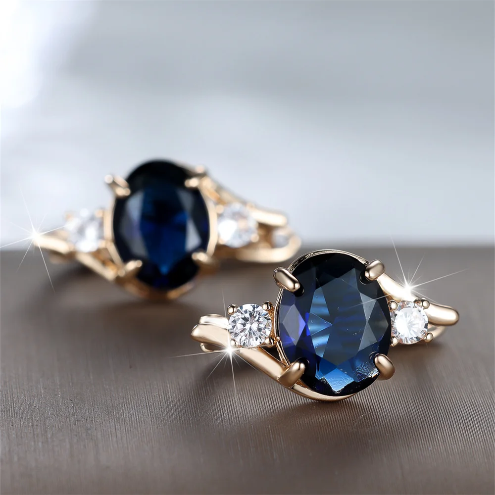 Blue Crystal Geometric Zircon Oval Stone Hoop Earrings For Women Vintage Gold Color Ear Buckle Wedding Jewelry Engagement Gifts