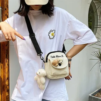 حقيبة كروس عصرية للهاتف من القماش مع دبابيس دب لطيفة، حقائب كتف هاراجوكو أنيقة للاستخدام اليومي للنساء