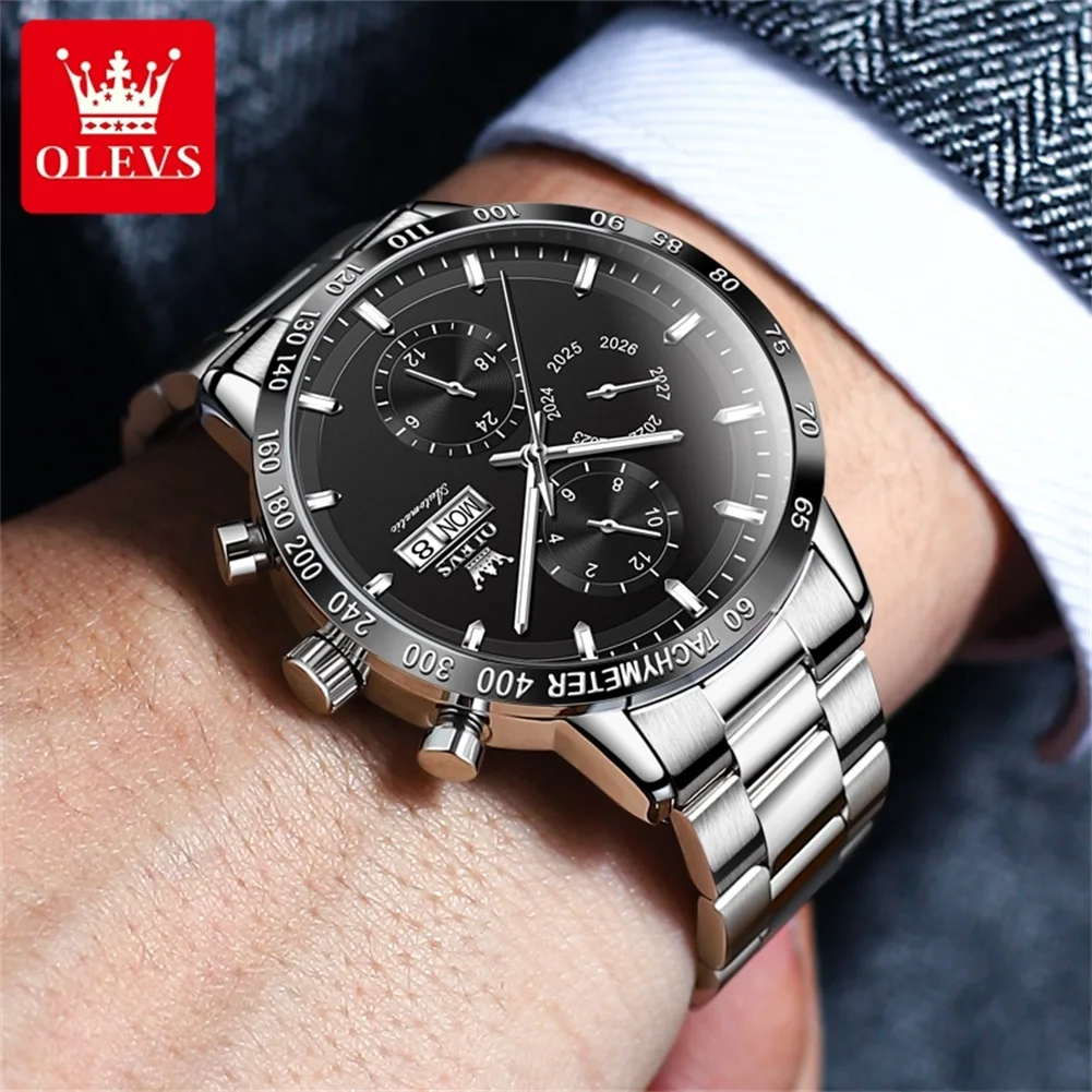 OLEVS-Montre existent Originale pour Homme, Acier Inoxydable Argenté, Semaine Calendrier, Simplicité d'Affaires, Montre Mécanique, 6683