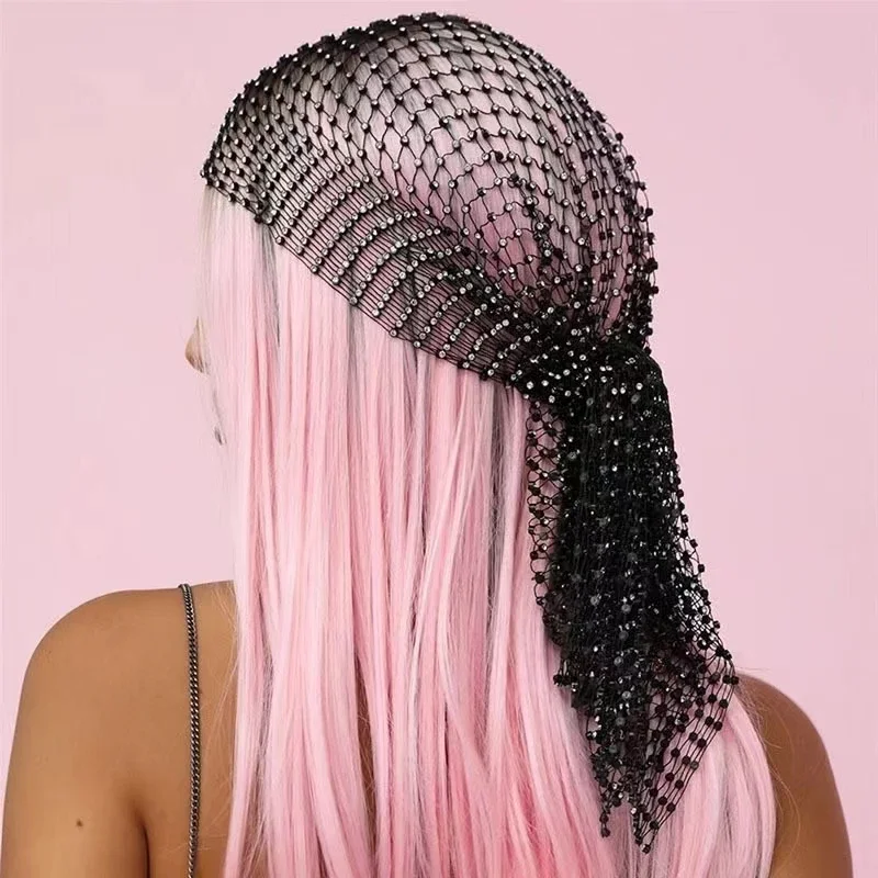 

New Fashion Women Bling Rhinestone Bandanas Turban Hat Headband Crystal Mesh Cap Hair Snood Nets Headpiece Headwear Accessorie