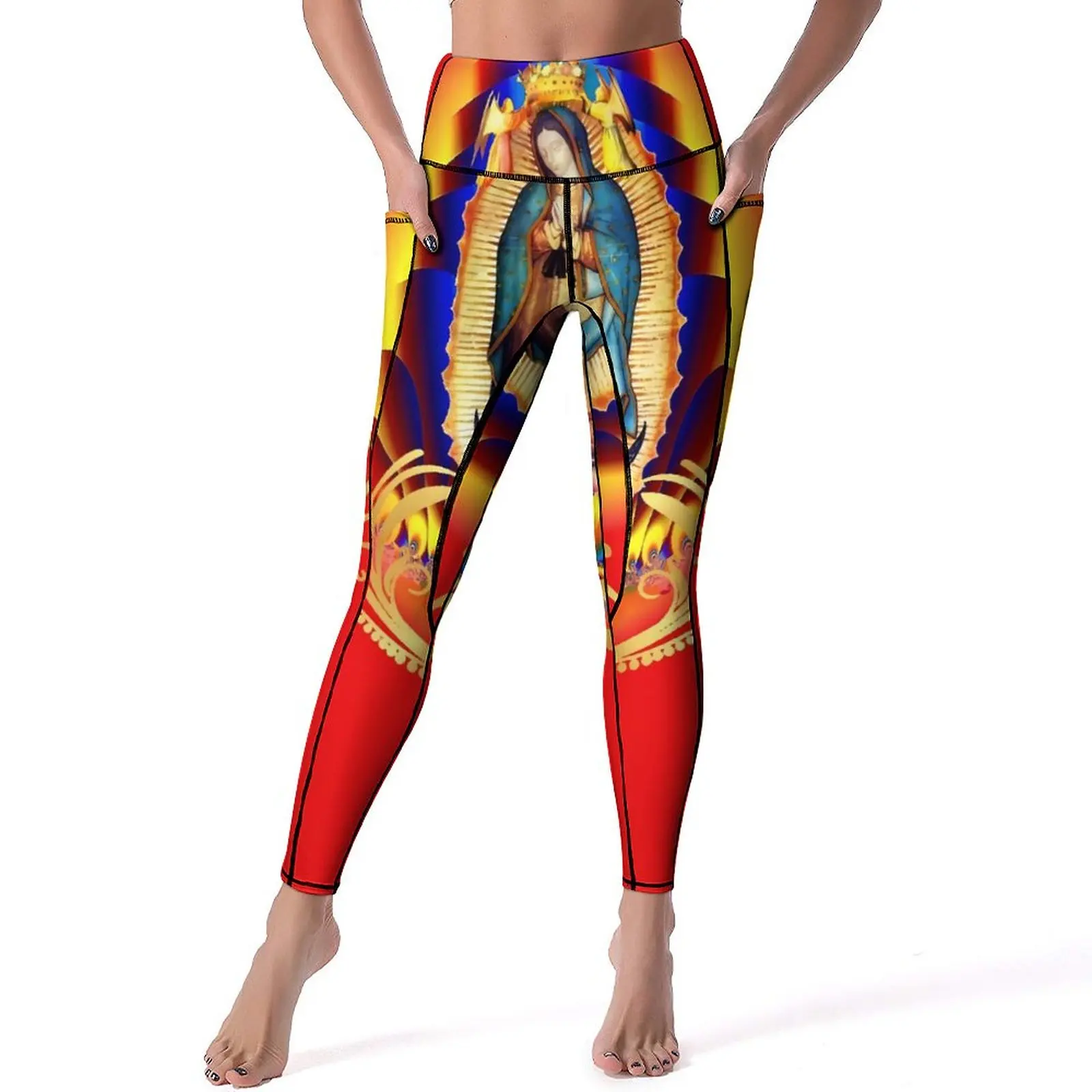 

Virgin Mary Zarape Leggings Our Lady of Guadalupe Gym Yoga Pants Push Up Casual Sport Pants Pockets Stretch Printed Yoga Legging