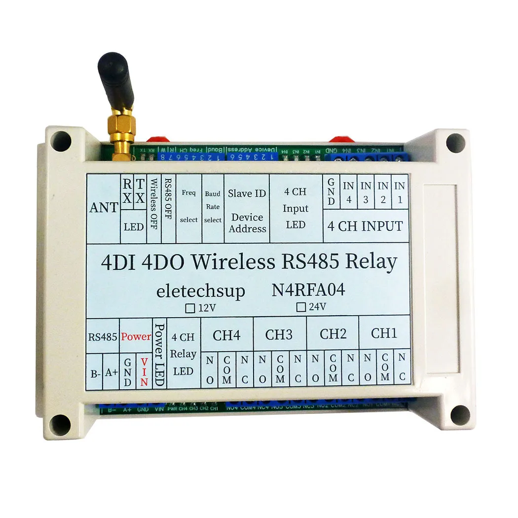 

4DI-DO 433M Wireless 4CH RS485 Bus Relay Module RF Master-Slave Networking Remote IO Swicth Board for PLC Industrial Equipment