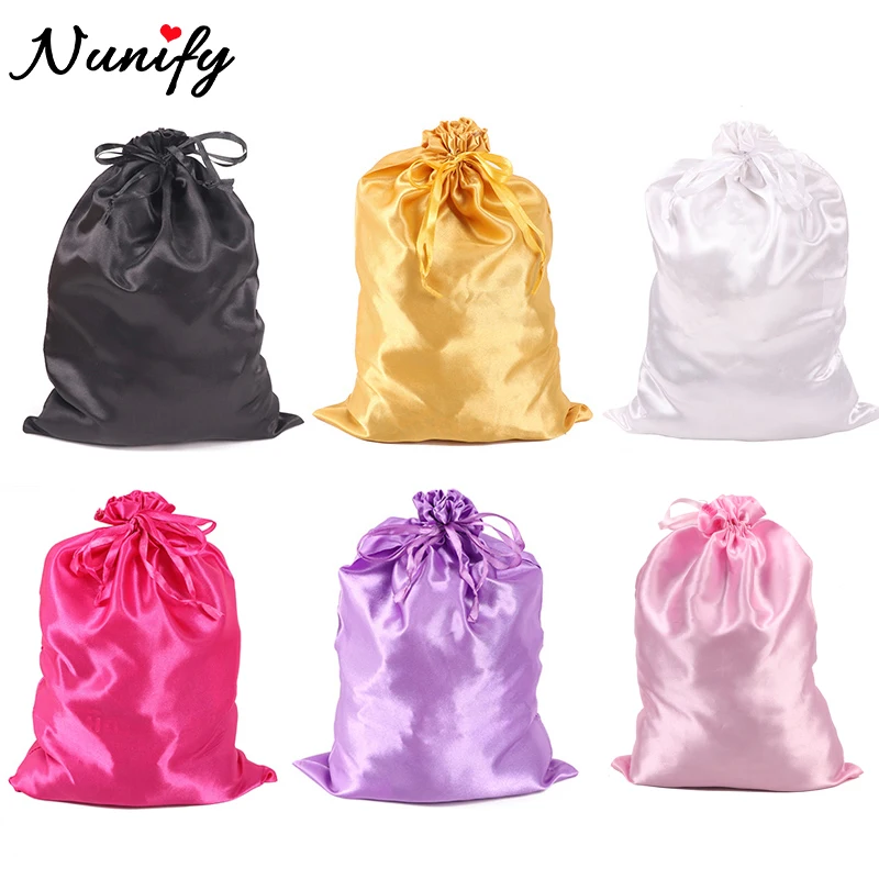 

1Pcs Silk Satin Wig Bags With Drawstring For Bundles Pink Hair Storage Bags For Packaging Wigs 25*35Cm Size Wig Bag Random Color