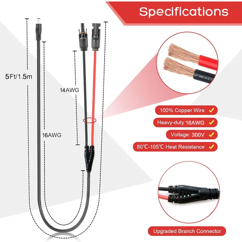 Solar Panel to DC5521 Charging Cable with DC7909 Adapter For Jackery Explorer 160/240/290/500/1000 Bluetti B80/EB3A/EB70 etc.