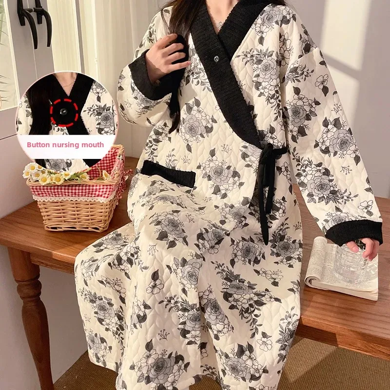 Breastfeeding Dress Air Cotton Postpartum Warmth Home Clothes for Pregnant Women Autumn Winter Hospital Gown Baby Shower Gift