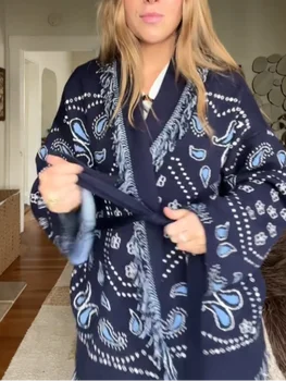 2025 Autunno Nappa Stampa Cintura in maglia Cardigan da donna Elegante manica lunga con scollo a V Maglione femminile Casual Maglieria da donna con pannelli 1