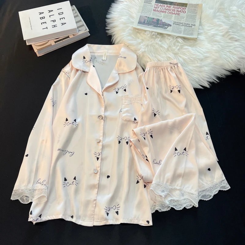 

Ice And Snow Silk Pajamas Women's Spring And Autumn Long Sleeve Thin Outer Wear Pink Cat Silk New Summer Suit Home Clothes