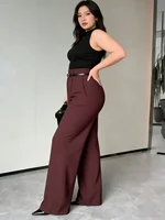 Plus Size Women's Pants High Waist Belted Solid Pintuck Wide Leg Bottoms Elegant Spring Summer Office Stretchy Bottoms - Image 5