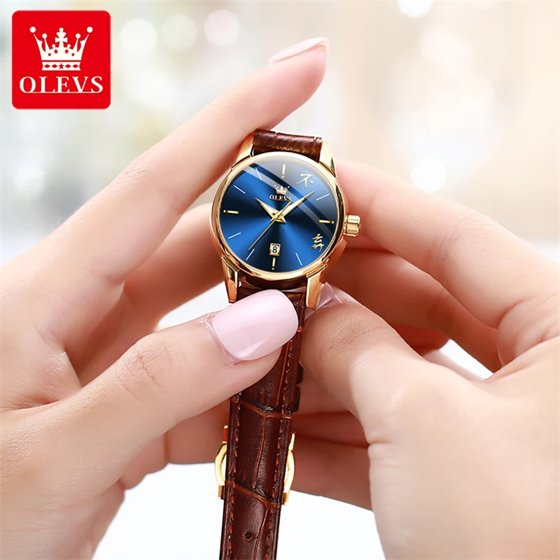 OLEVS Brand New Fashion Blue Quartz Watch for Men Luxury Leather Strap Waterproof Calendar Womens Watches Relogio Feminino