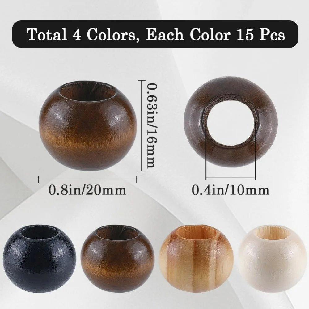 60PCS 4 스타일 대형 느슨한 나무 구슬 20MM 라운드 스페이서 볼 구슬 10MM 구멍 브라운 블랙 빈 미완성