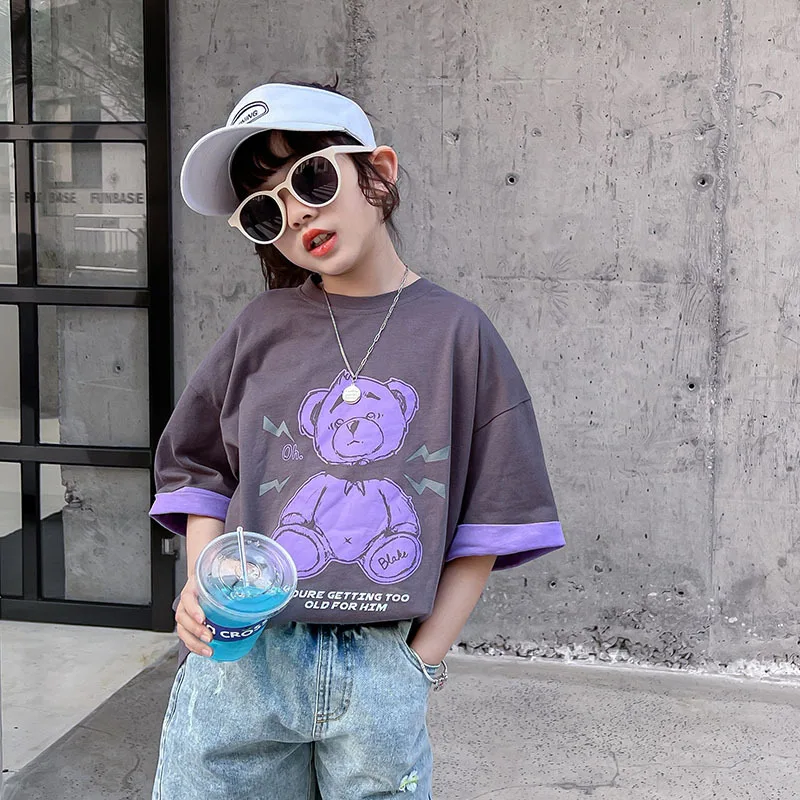Girls Cartoon Bear Grey Tee Shirt Summer Loose Casual Teenage Girls Outfits ropa  para niñas de 8 a 12 años