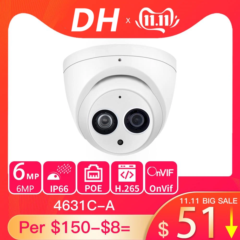 Dahua IPC-HDW4631C-A 6MP HD POE Network Mini Dome IP Camera Metal Case Built-in MIC CCTV 30M  IR Update from IPC-HDW4433C-A
