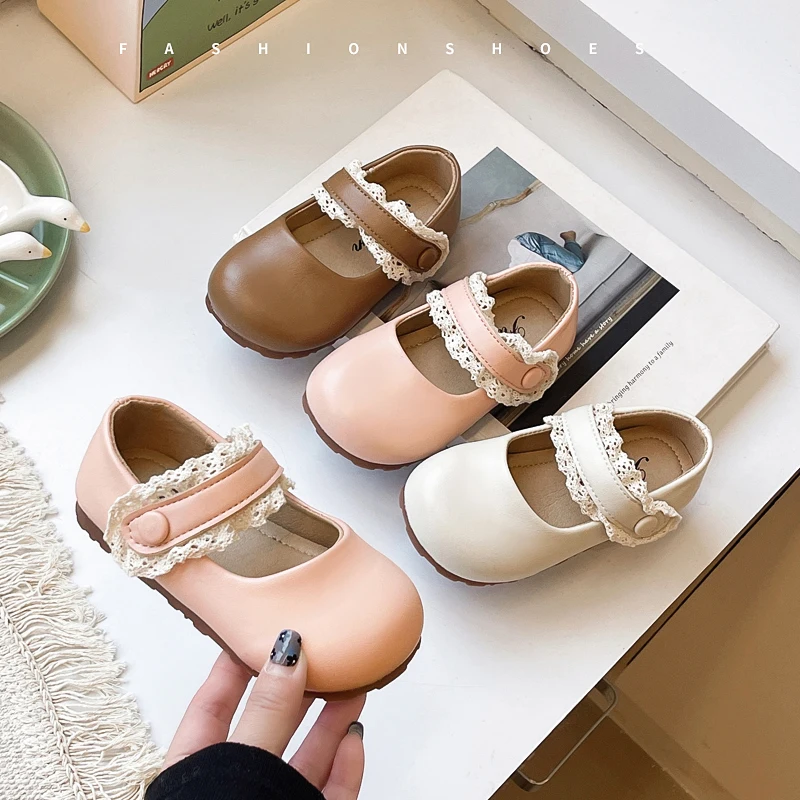 Baby Girls Leather Shoes for Party Wedding Soft Toddlers Kids Mary Janes with Lace Princess Sweet Children Flats Spring New